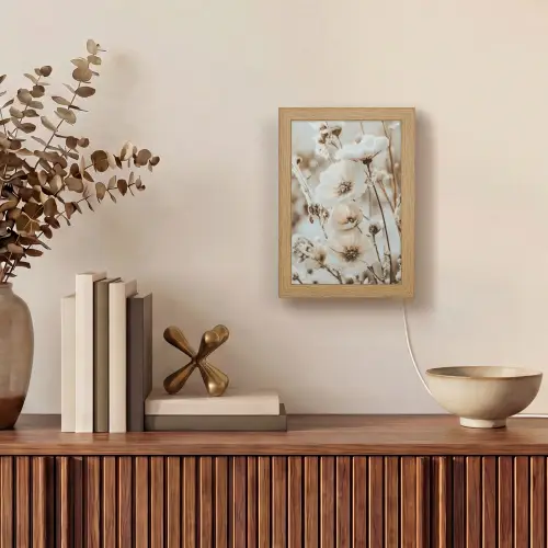 Bloemen - Winter - Wit - Sneeuw - Beige Light Box met kabel (Tafellamp) klein -sfeer2