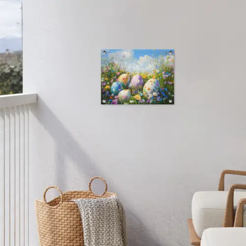 Grasveld - Eieren - Bloemen tuinposter los doek klein -sfeer8