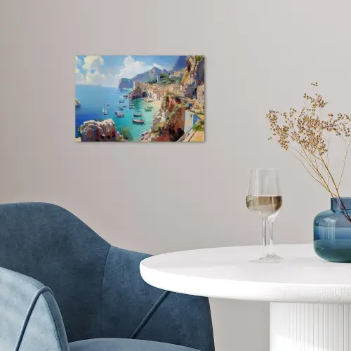 Kustdorp - Schilderij - Rotsen - Boten poster papier klein -sfeer3
