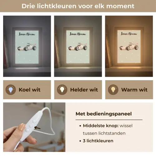 Beige - Raceauto - Stippen - Wielen Light Box met kabel (Kinderlampje) klein -USP_lichtkleurNL