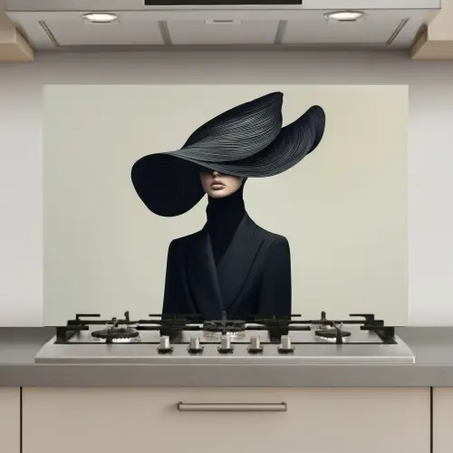 Zwart - Vrouw - Hoed keuken achterwand spatscherm klein -3d_website