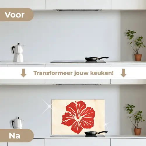 Rode hibiscusbloem - Textuur achtergrond - Beige keuken achterwand spatscherm klein -voor_na_NL