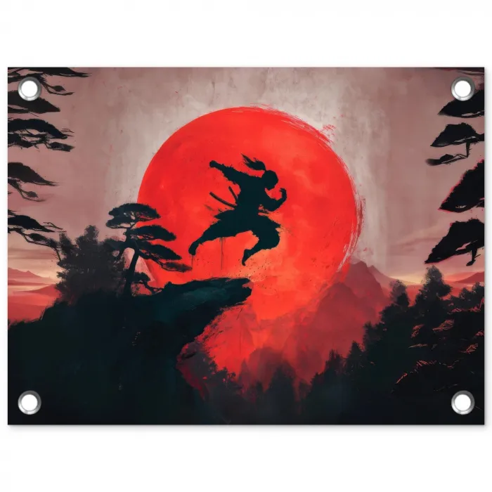 Zon - Krijger - Bomen - Bergen tuinposter los doek klein -3d