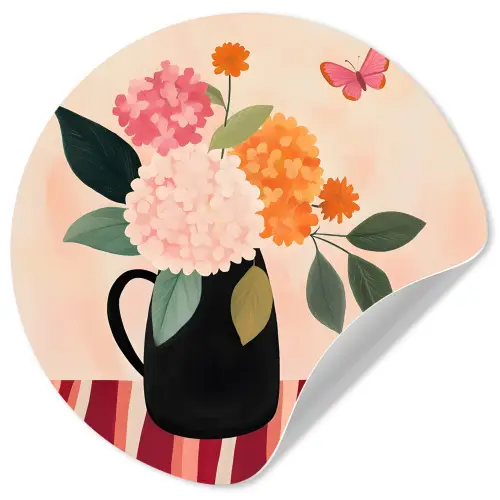 Vaas - Bloemen - Vlinder - Rood Wandcirkel behangsticker klein -3d