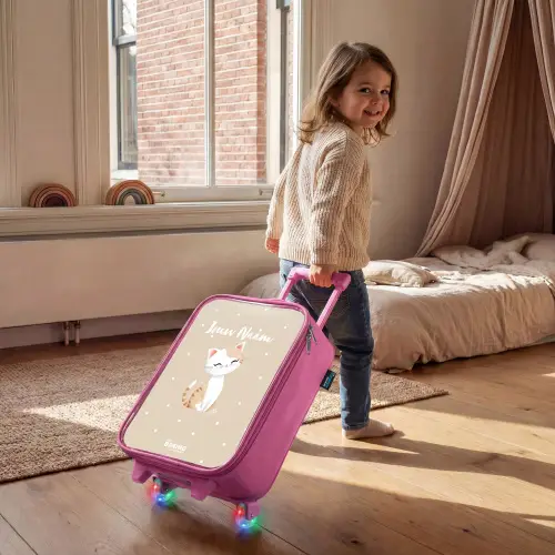 Kat omringd door beige stippen Kinderkoffer - Roze klein -sfeer1