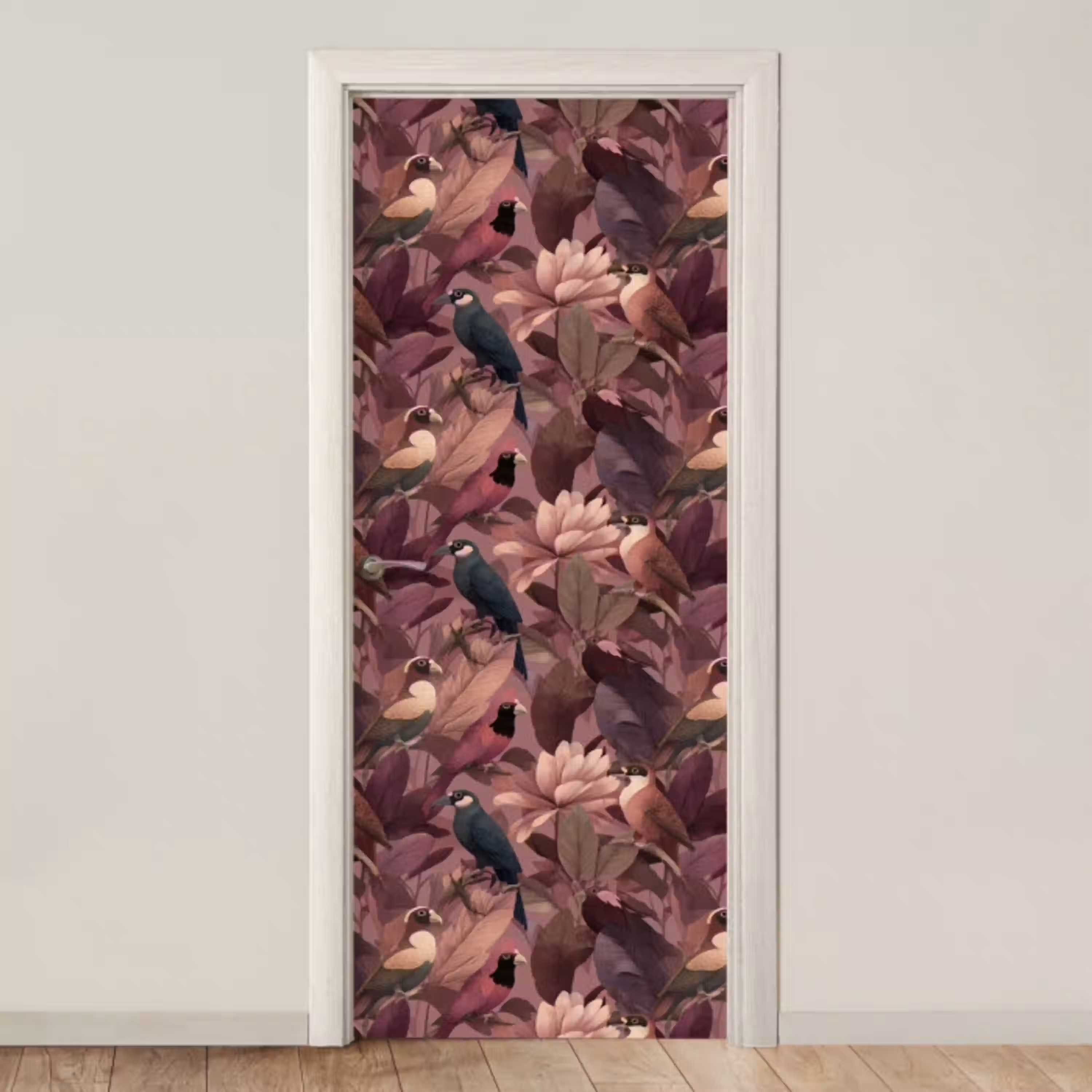 Vogels - Bladeren - Roze deurposter klein 289 -3d_beige