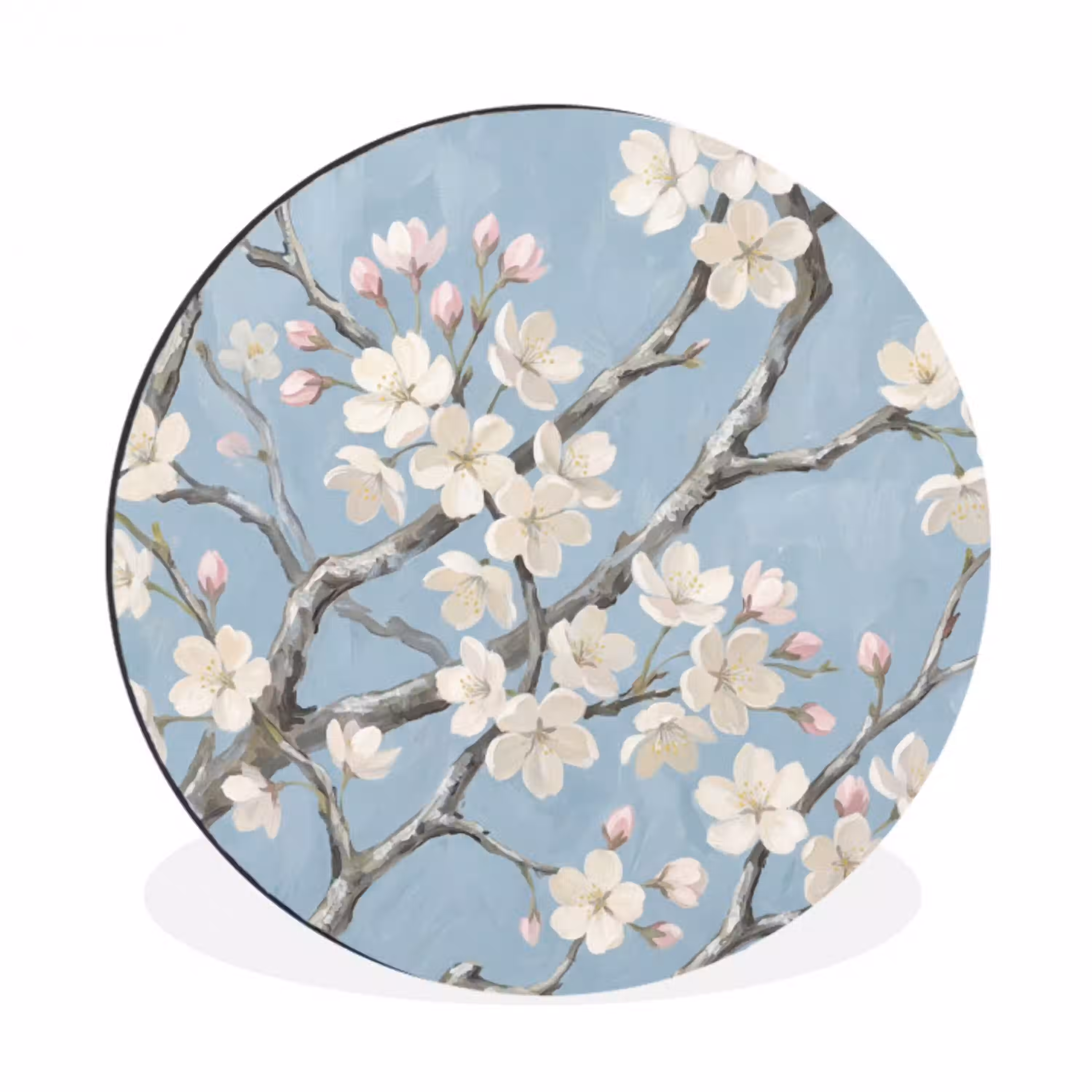 Takken - Kersenbloesem - Blauw Wandcirkel aluminium klein -3d