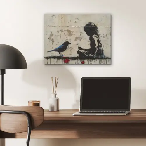 Street art - Meisje - Vogel - Graffiti - Banksy PET vilt klein -sfeer5
