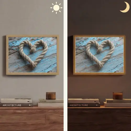 Hart - Touw - Hout - Rustiek Light Box met batterij (Wandlamp) middel -sfeer3
