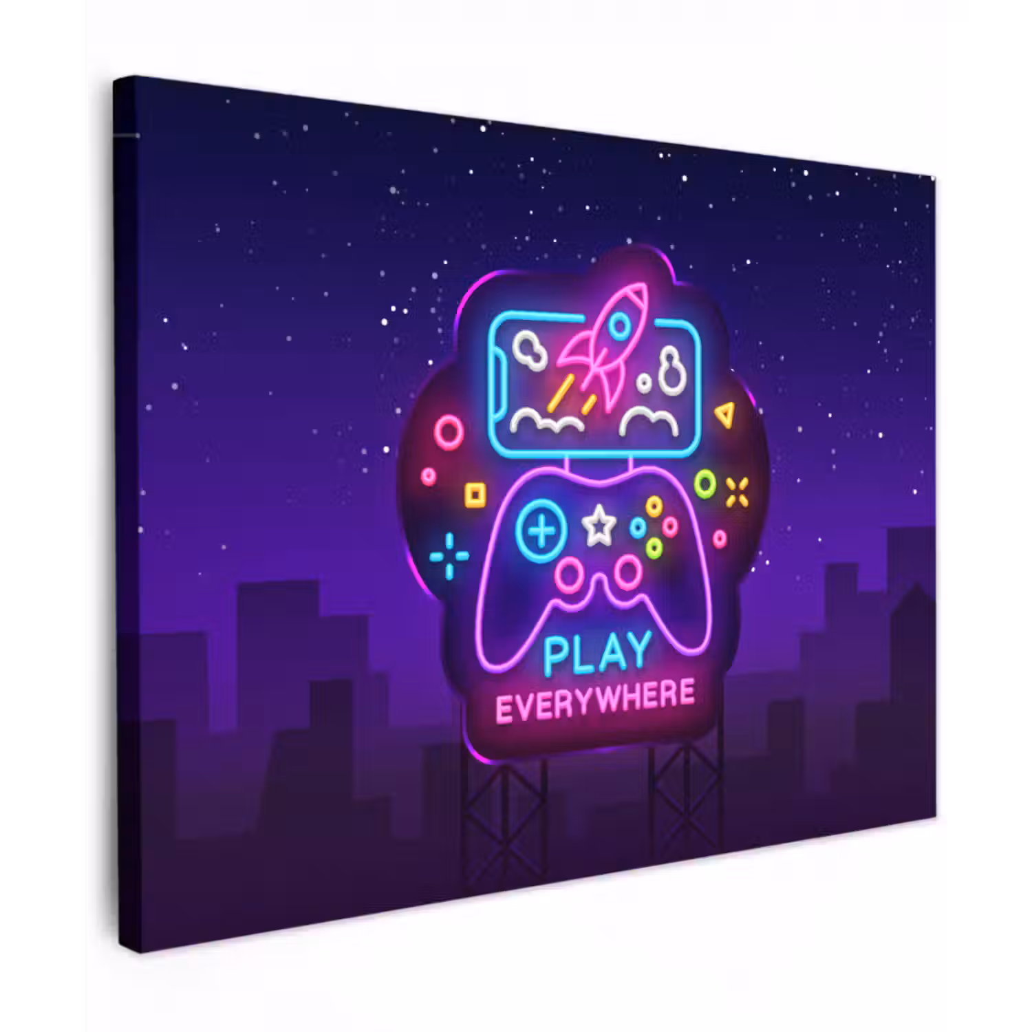 Canvas schilderij - Gaming - Neon - Play - Blauw - Nacht - Controller