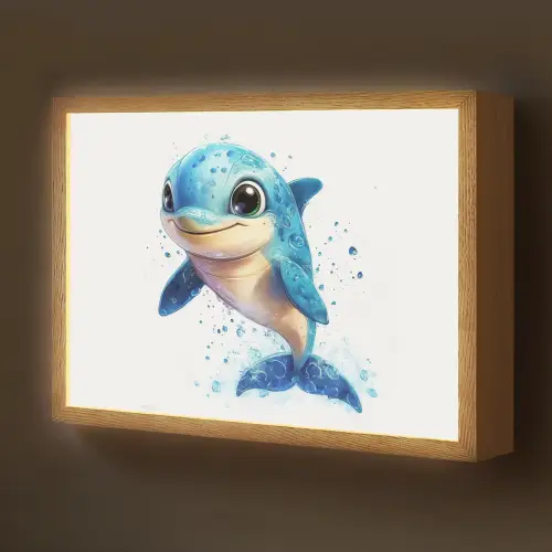 Dolfijn - Blauw - Water - Druppels Light Box met batterij (Wandlamp kind) middel -z3d_website