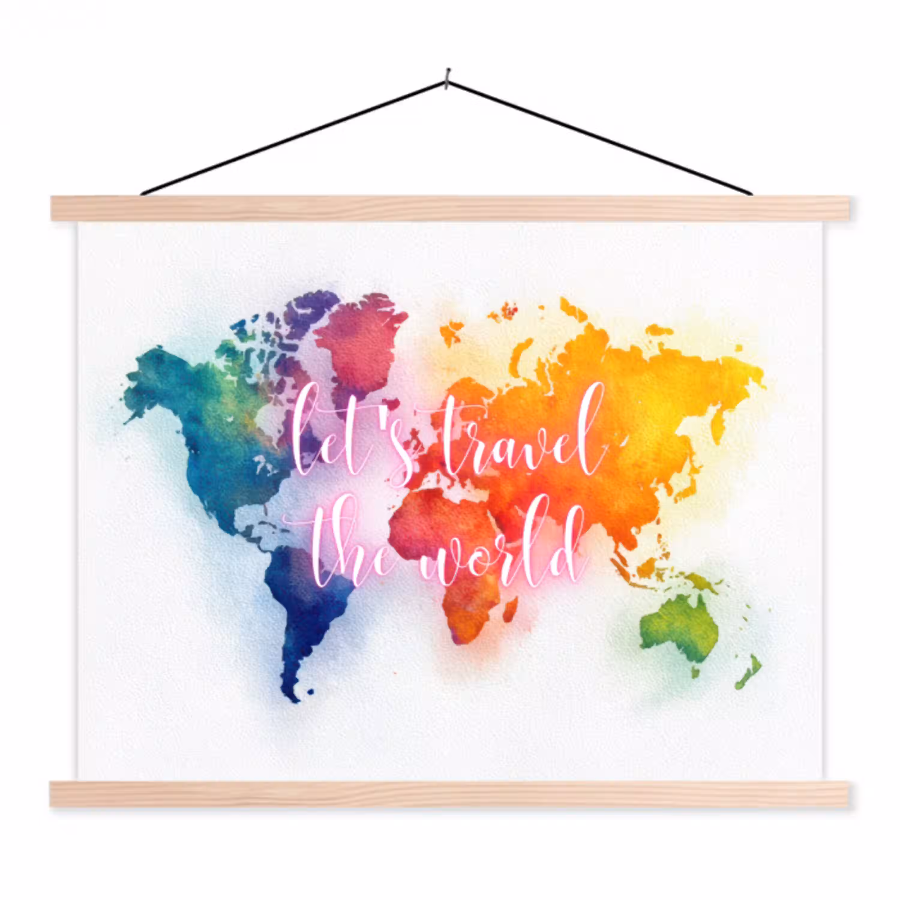 Travel - Quote - Regenboog - Wereldkaart textielposter latten blank klein -3d
