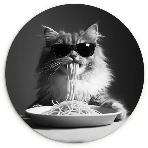 Langharige kat - Zonnebril - Spaghetti - Humor - Zwart - wit Wandcirkel plexiglas klein -3d