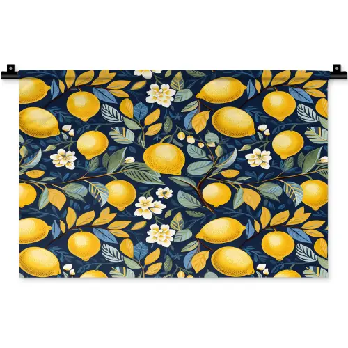 Citroenen - Bloemen - Bladeren - Blauw Wandkleed katoen klein 269 -zz3d