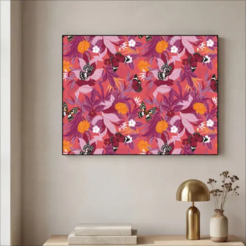 Zomer - Vlinder - Donker - Roze Textielframe - compleet frame klein 947 -sfeer2