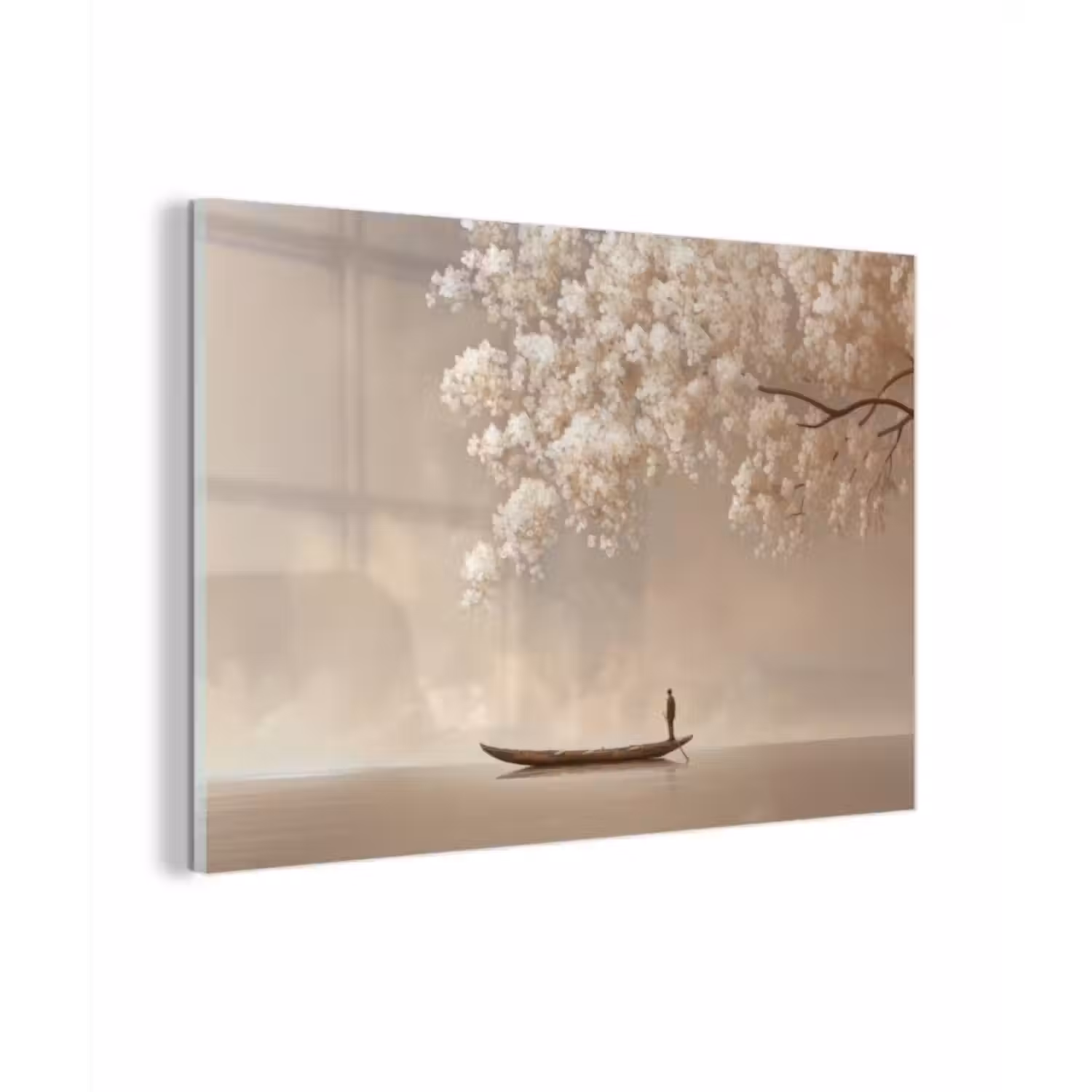 Glas schilderij - Bloesems - Wit - Boot - Minimalistisch