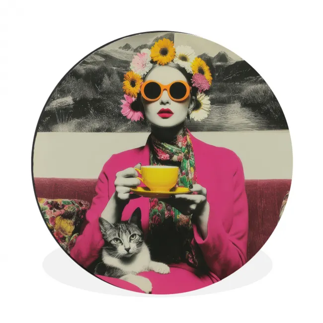 Muurcirkel aluminium Vrouw - Kat - Bloemen - Kopje - Retro