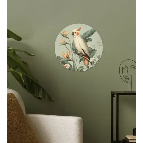 Gele kuifkaketoe - paradijsvogelbloemen - Groen Wandcirkel behangsticker klein -sfeer2
