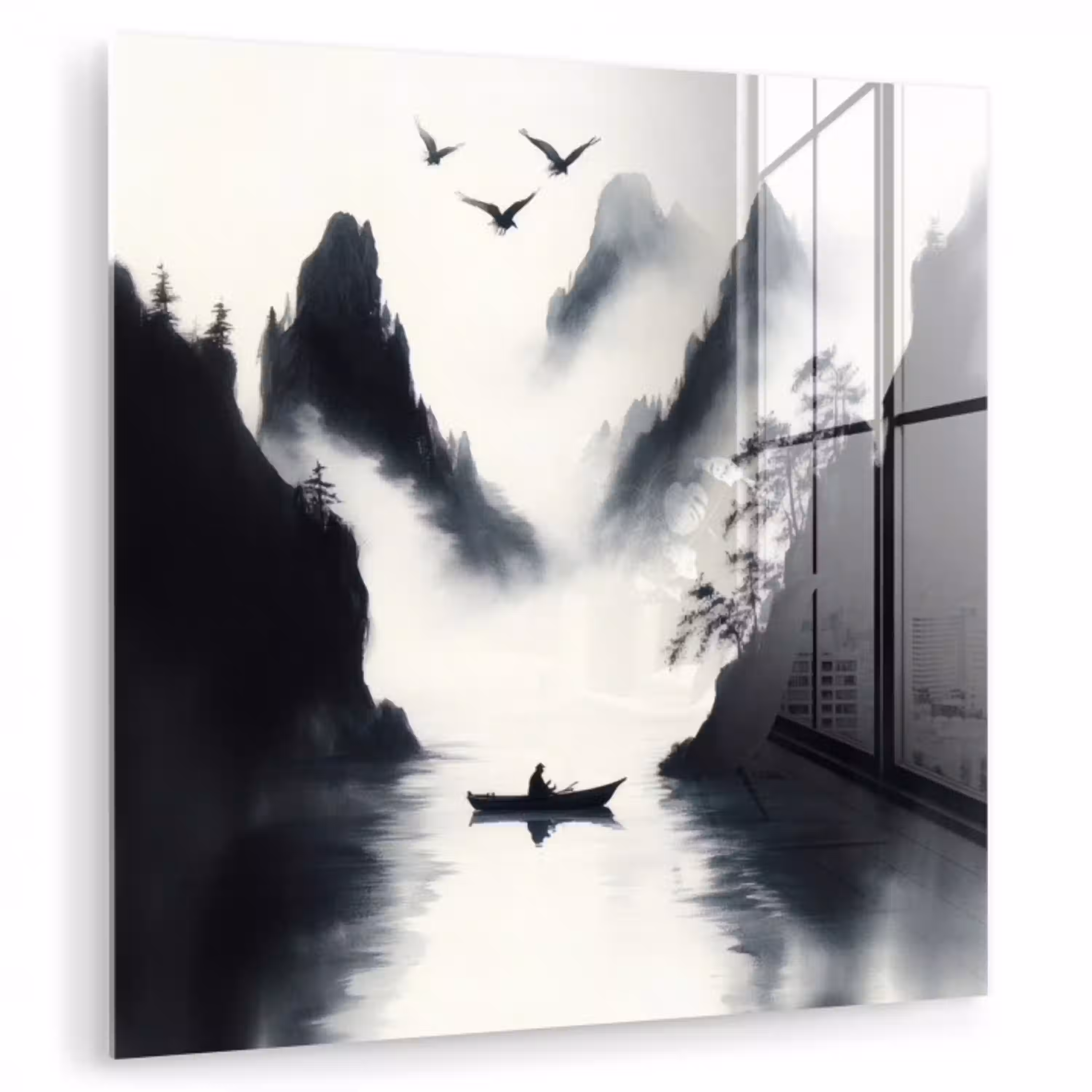 Roeiboot - Mistig - Bergen - Vogels plexiglas 5mm klein -zzzproduct_nieuw