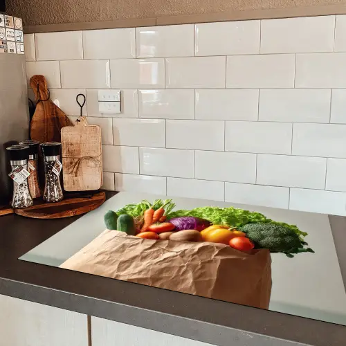 Papieren - Boodschappen - Groente - Kleurrijk Inductie beschermer vinyl 3mm klein -sfeer3