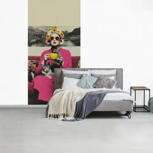 Vrouw - Kat - Bloemen - Kopje - Retro fotobehang vinyl groot -slaapkamer