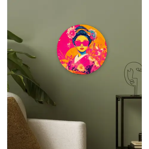 Vrouw - Zonnebril - Abstract - Oranje Wandcirkel kunststof plaat 5mm dik klein -sfeer3