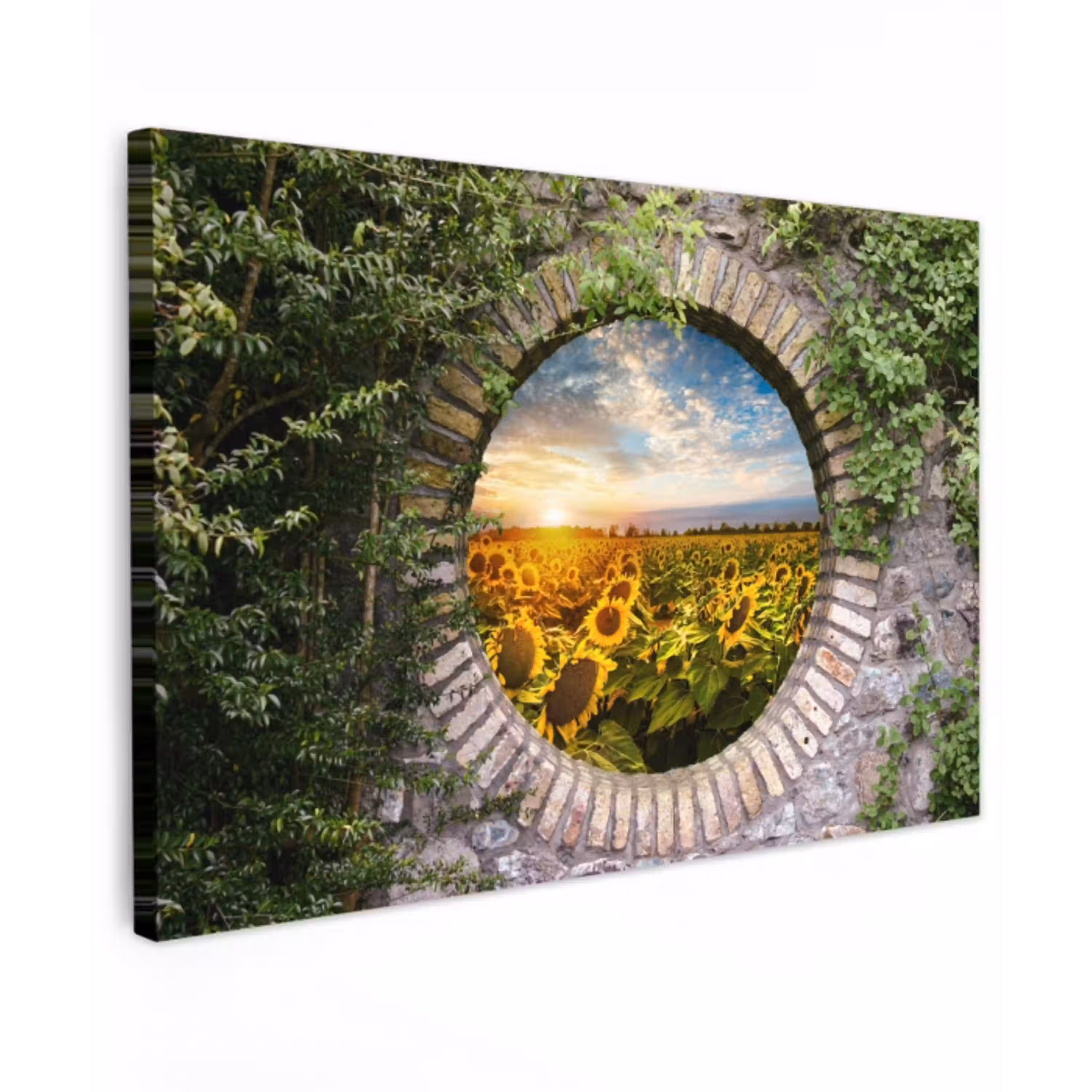 Ronde poort naar zonnebloemveld Tuinposter op houten frame 2 cm dik klein -3d