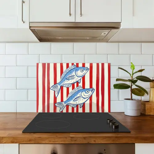 Vissen - Verticale strepen - Blauw - Rood keuken achterwand spatscherm klein -sfeer2