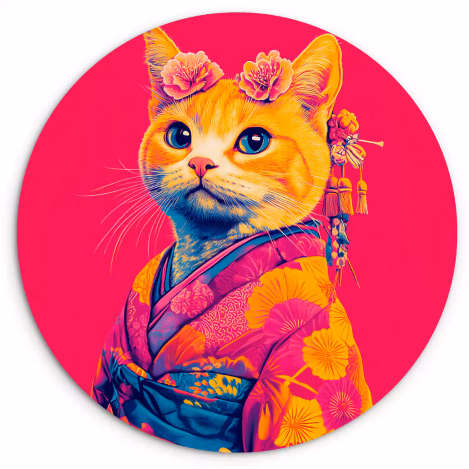 Muurcirkel - Kat - Kimono - Bloemen - Roze