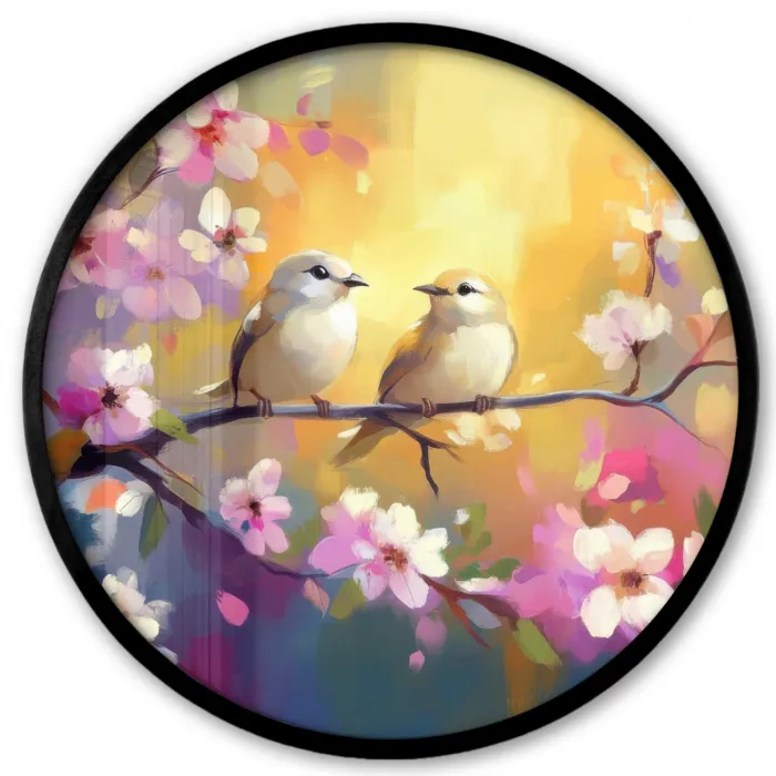 Vogels - Bloemen - Roze Fotolijst rond zonder passe partout klein -3d