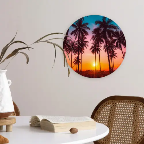 Palmboom - Zonsondergang - Horizon - Strand - Oranje - Roze Wandcirkel kunststof plaat 5mm dik klein -sfeer4