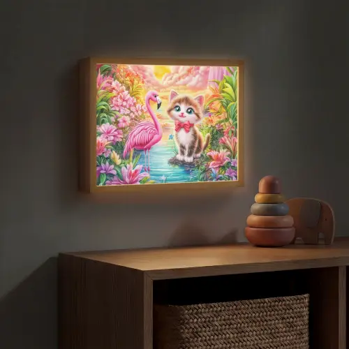 Kitten - Flamingo - Bloemen Light Box met batterij (Wandlamp kind) middel -sfeer5_kind