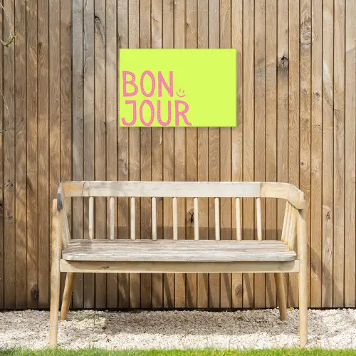 Groen - Smiley - Bonjour - Roze Tuinposter op houten frame 2 cm dik klein -sfeer4