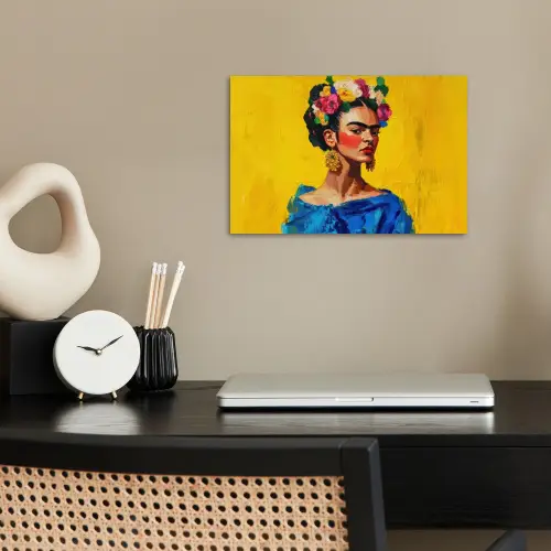 Frida Kahlo - Vrouw - Geel - Blauw - Bloemen poster papier klein -sfeer1