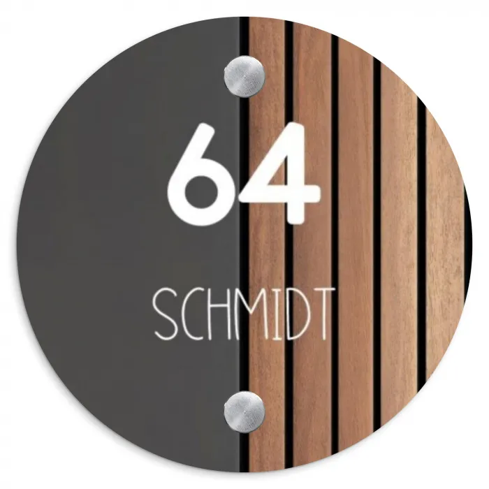 Hout en antraciet - Modern Naambord Rond klein -3d