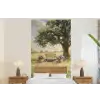 Houten bankje - Bloempotten - Landschap fotobehang vinyl groot -bed