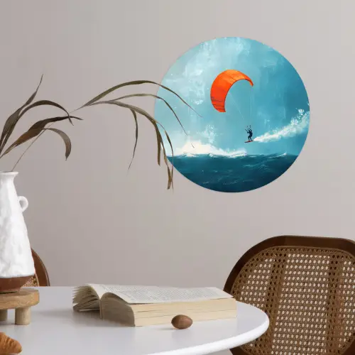 Kitesurfer - Oranje - Zee - Lucht Wandcirkel behangsticker klein -sfeer3