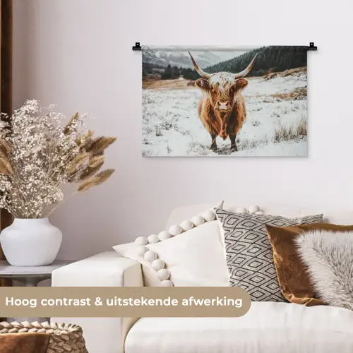 Schotse Hooglander - Sneeuw - Winter - Dieren Wandkleed katoen klein -sfeer1