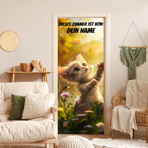 Spielendes Kätzchen im Blumenfeld mit Namensfeld. deurposter klein -sfeer2