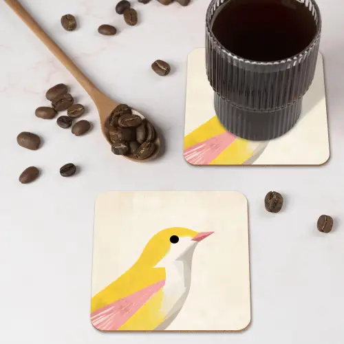 Vogel - Minimalistisch - Geel onderzetter kurk middel -sfeer2