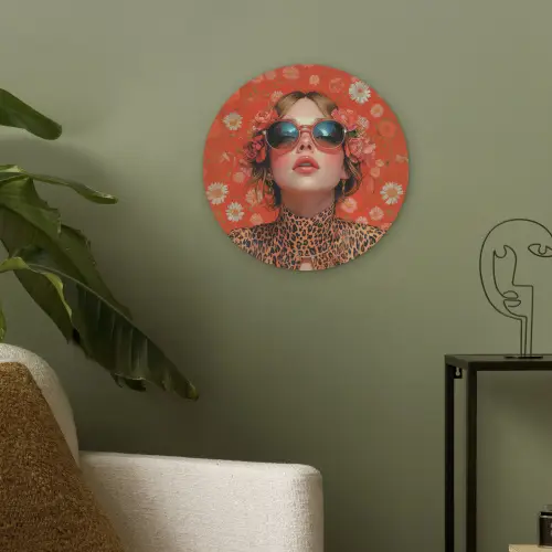 Vrouw - Kleurrijk - Dierenprint - Bloemen Akoestische PET Vilt - Rond klein -sfeer2