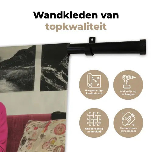Vrouw - Kat - Bloemen - Kopje - Retro Wandkleed katoen klein -sfeer2
