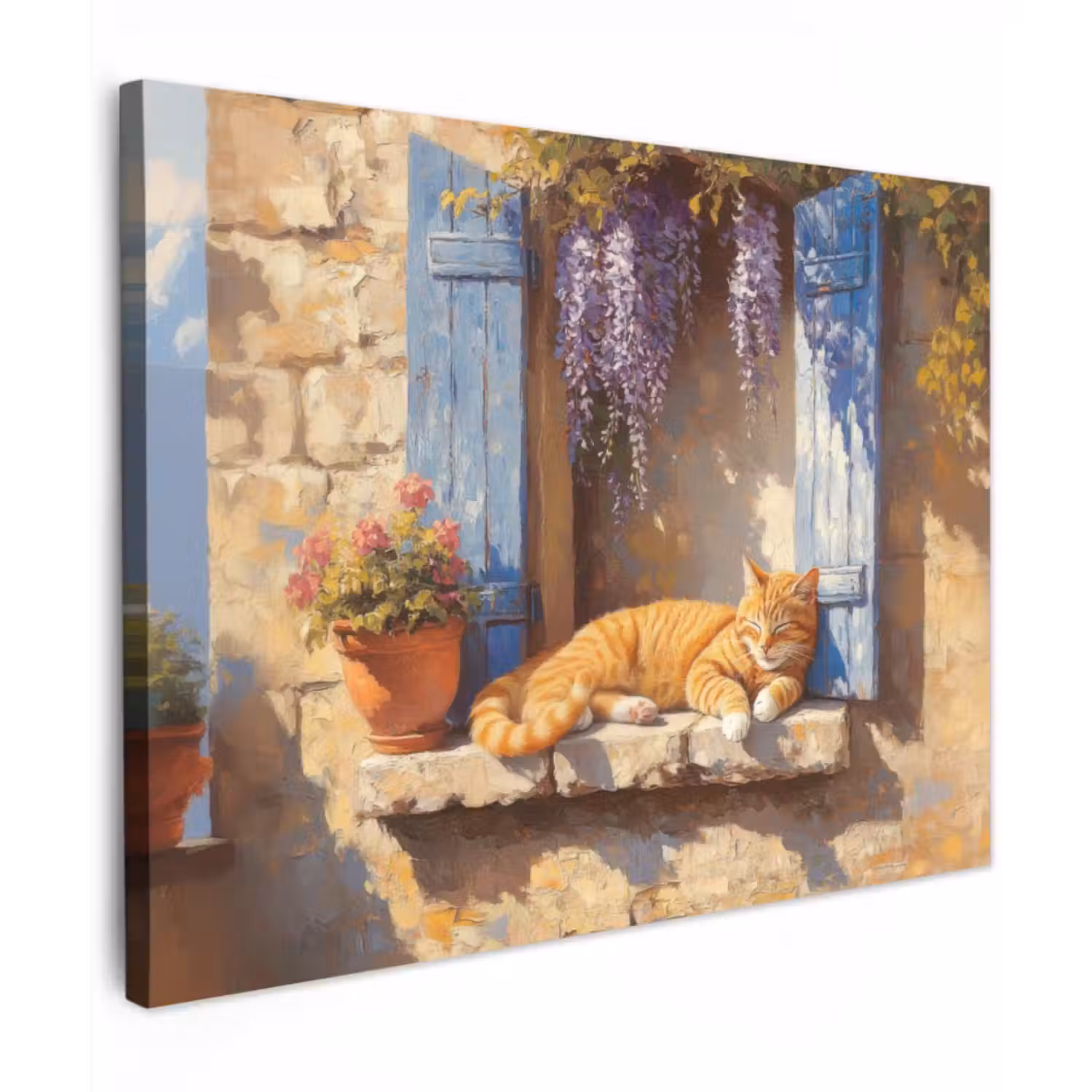 Canvas schilderij - Kat - Stenen vensterbank - Bloemen
