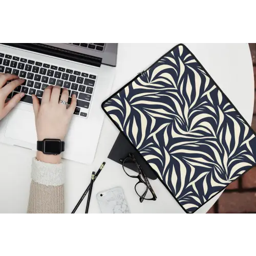 Bladvormen - Blauw - Patroon - Wit laptophoes neopreen klein 279 -bureau