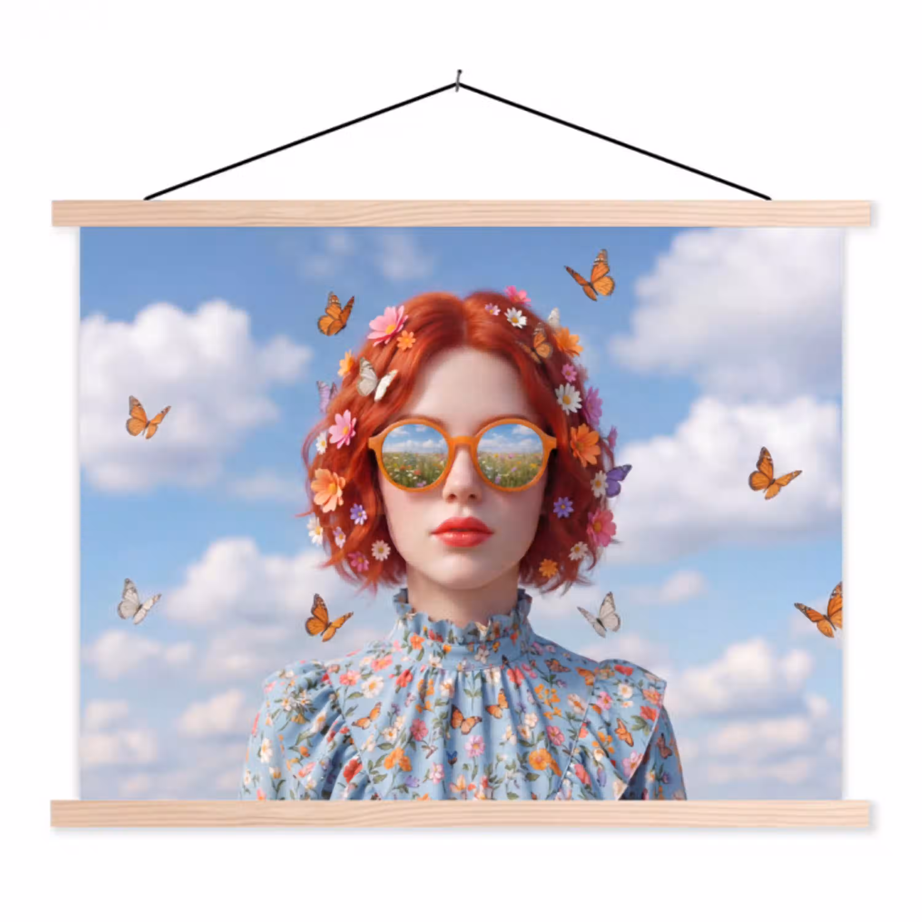 Vrouw - Bloemen - Zomer - Portret - Kleurrijk textielposter latten blank klein -3d