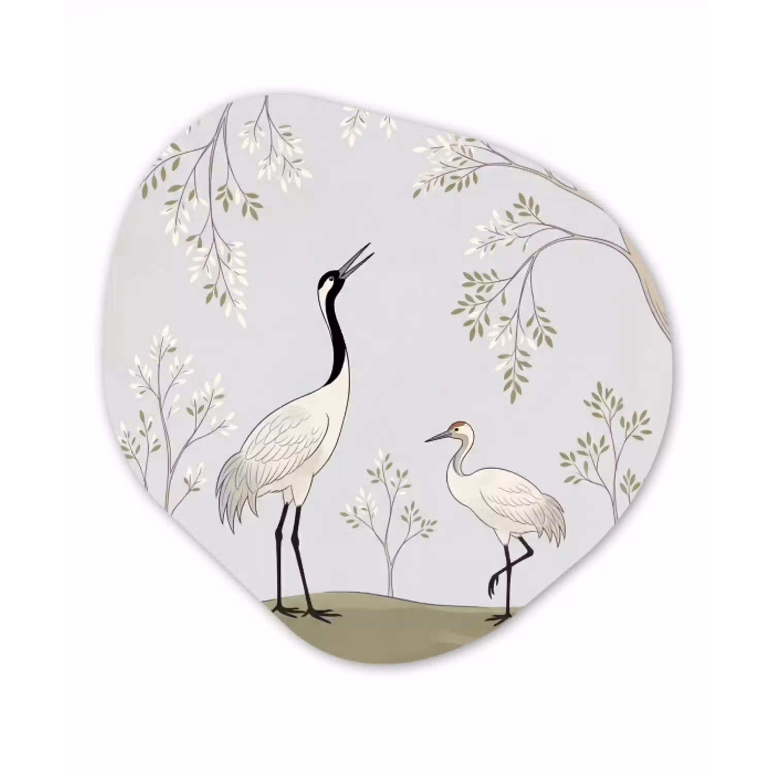 Minimalistisch - Kraanvogels - Blauw Wandcirkel Organisch Aluminium middel -3d
