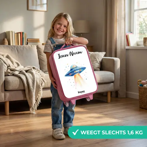 Blauw ruimteschip met lichtstraal Kinderkoffer - Roze klein -sfeer2_NL