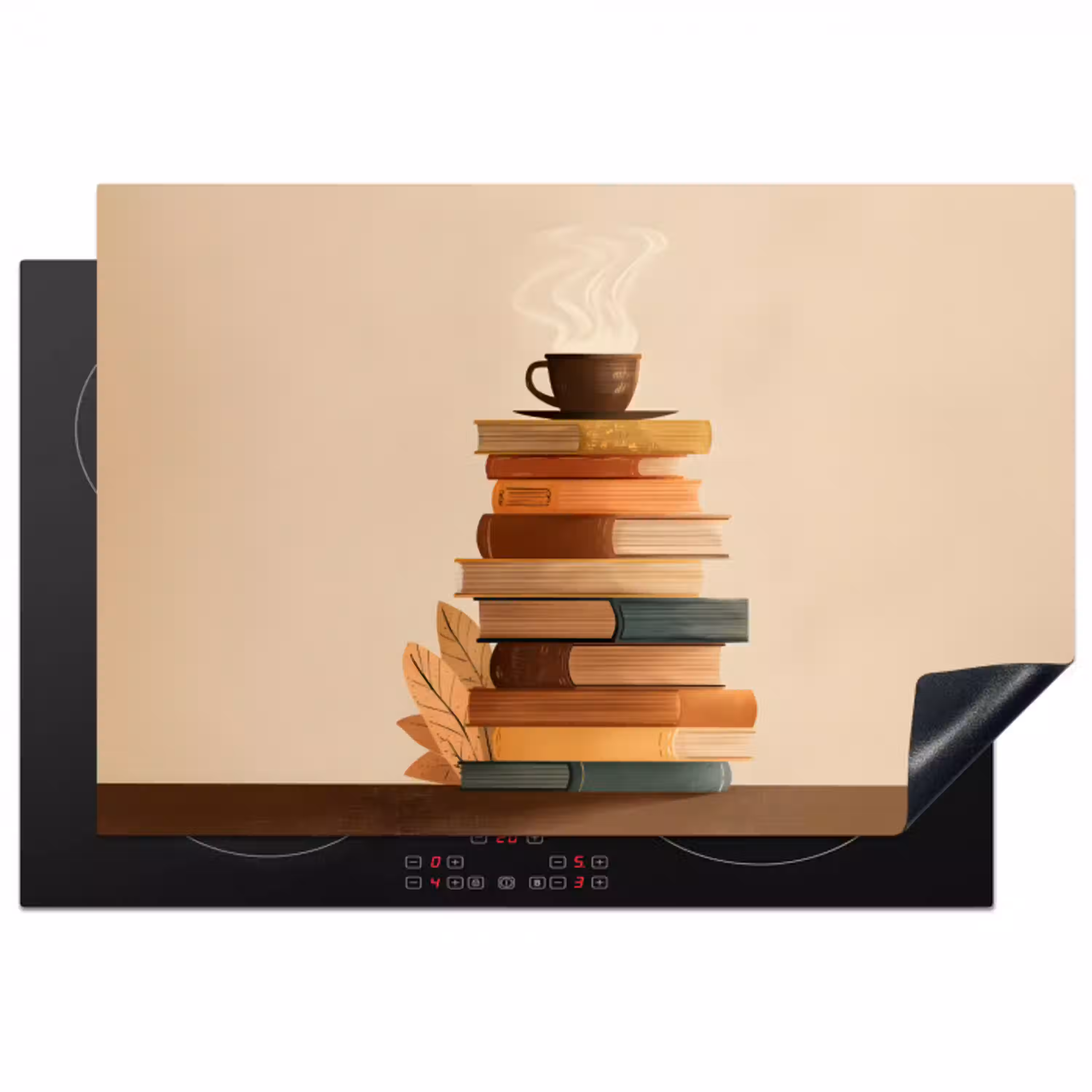 Boeken - Toren - Koffie - Beige Inductie beschermer vinyl 3mm klein -3d