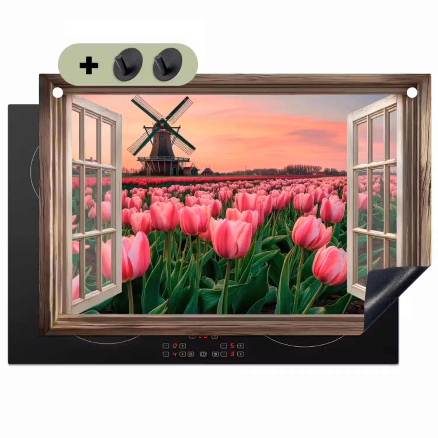 Inductie beschermer en spatscherm (2in1) - Doorkijk - Tulpen - Bloemen - Molen - Raam