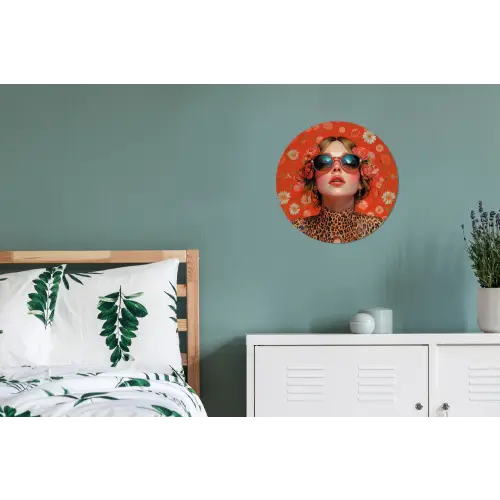 Vrouw - Kleurrijk - Dierenprint - Bloemen Wandcirkel aluminium klein -slaapkamer